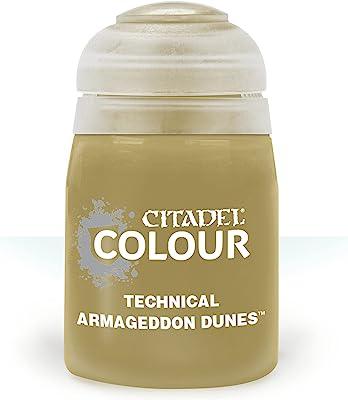 A Citadel paint pot with a beige label displaying the text "CITADEL TECHNICAL ARMAGEDDON DUST™" in white. The paint pot has a clear base showing the sandy beige paint inside and a frosted white flip-top lid, perfect for creating special effects on your miniatures.