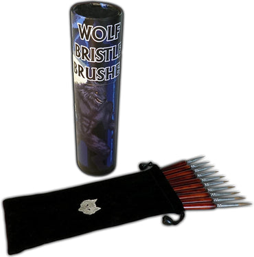 The image displays a tube labeled "Chronicle: Wolf Bristle Brushes," adorned with an illustration of a wolf. Beside it lies an open black velvet pouch showcasing a set of paintbrushes, each with rosewood handles and silver tips. The pouch is embellished with a wolf emblem on the front, and every brush is equipped with sturdy brass ferrules for enhanced durability.