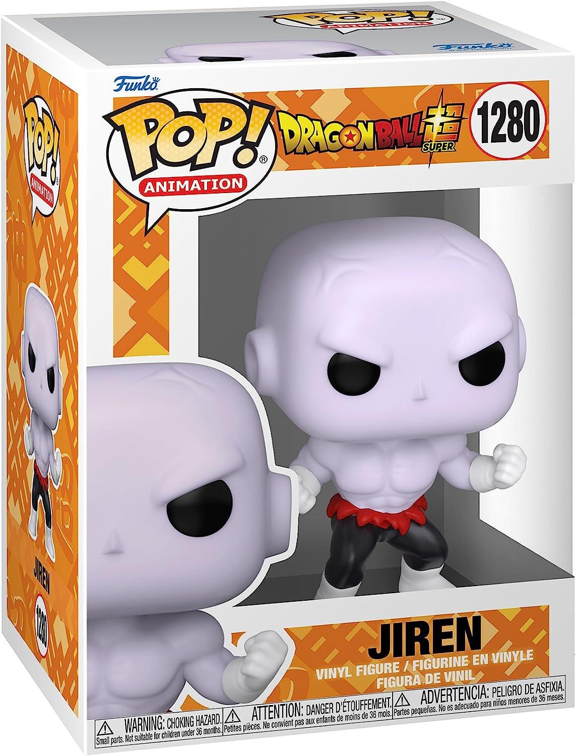 A Funko Pop! Animation figure, Jiren with Power from Dragon Ball Super, is prominently displayed in its packaging, featuring the bald, purple-skinned Pride Trooper in a bold red and black ensemble. The packaging showcases the Dragon Ball Super branding along with the number 1280.