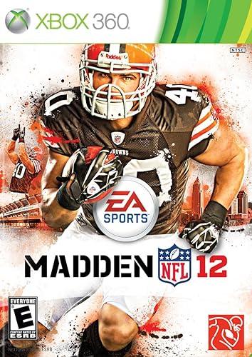 Cover art for Madden 12 on Xbox 360 by Everything Games features a virtual football player in jersey #40, helmet, and gloves, charging against a city skyline and stadium backdrop. The EA Sports logo is prominent with 