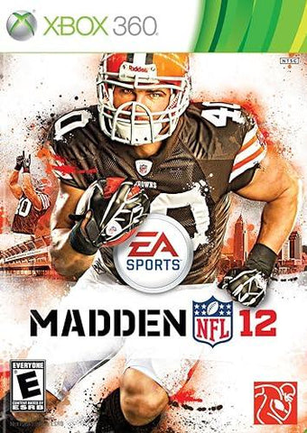 Cover art for Madden 12 on Xbox 360 by Everything Games features a virtual football player in jersey #40, helmet, and gloves, charging against a city skyline and stadium backdrop. The EA Sports logo is prominent with "Madden NFL 12" at the bottom; it's rated E for Everyone.