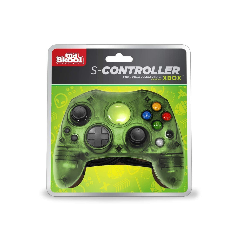 A green, translucent Old Skool Xbox Controller S-Type Wired Game Pad - Green with "Old Skool" branding is packaged in a clear plastic case. The packaging features the text "S-Controller," colored primarily in green with yellow accents. With vibrant buttons and Dual Analog joysticks visible, this Xbox compatible controller also offers Vibration feedback for an immersive experience.