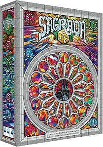 The image shows the Sagrada board game box, featuring a vibrant stained glass window design. 