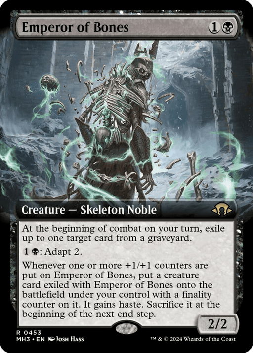 A Magic: The Gathering card titled "Emperor of Bones (Borderless) [Modern Horizons 3]" features a Skeleton Noble adorned in tattered robes and armor, standing amidst a spectral landscape. From the Modern Horizons 3 set, the card is black with a casting cost of 1 generic and 1 black mana. It has various abilities detailed in the text box and is illustrated by Josh Hass.