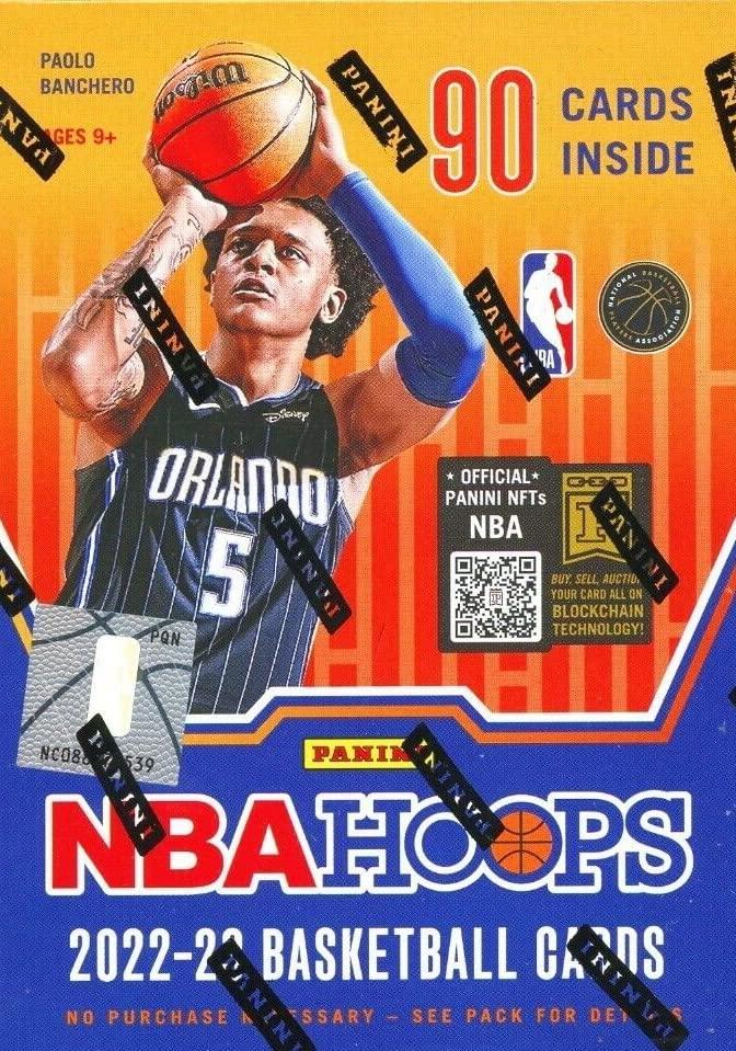 The 2022-23 Panini HOOPS Basketball Blaster Box of Packs (90 Cards) showcases an Orlando player, includes Panini branding, and nods to blockchain tech. Recommended for ages 9+, it's ideal for NBA Draft fans.