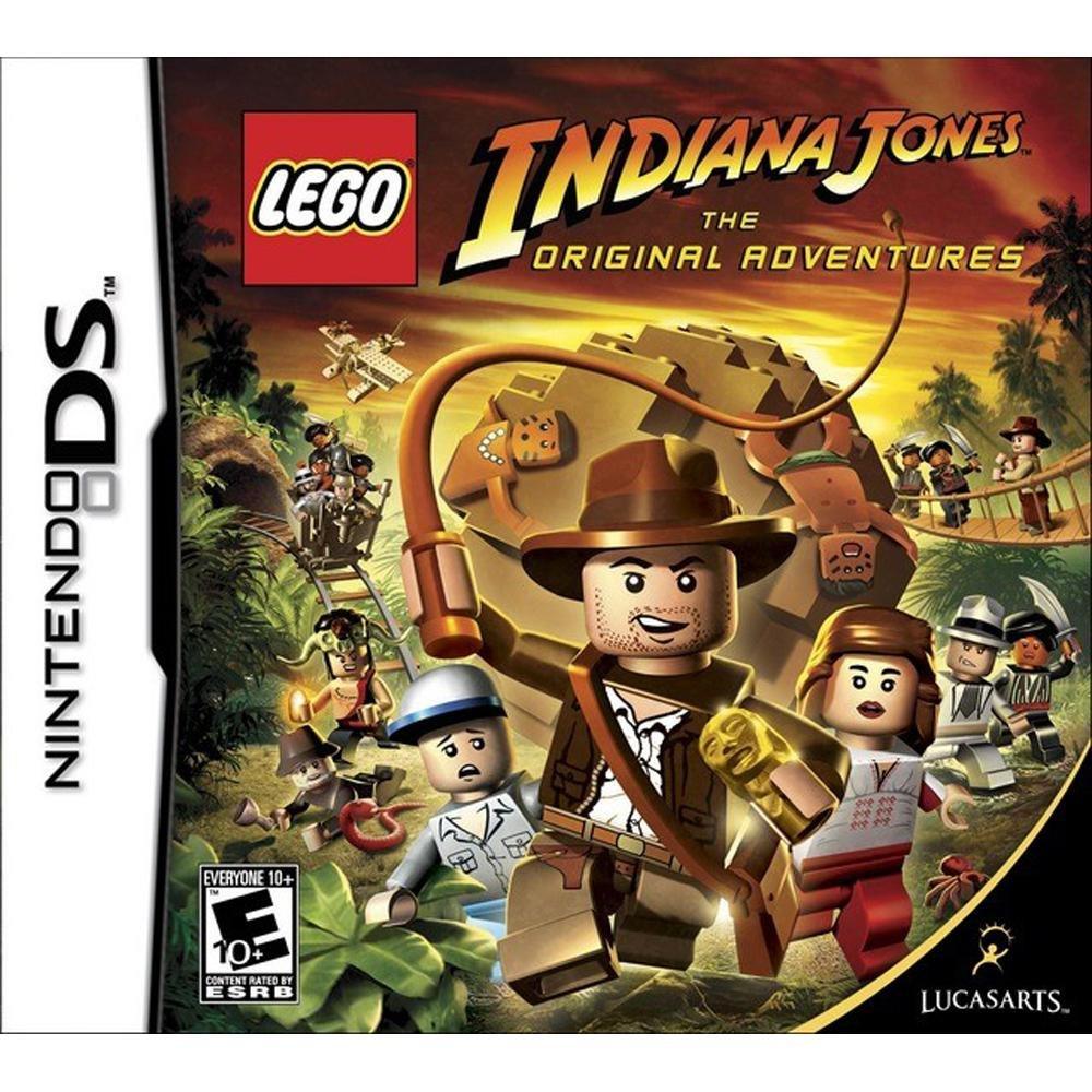 Cover art of the action-packed Everything Games title "Lego Indiana Jones." It features LEGO figures of Indiana Jones with a whip, surrounded by various characters in different action poses. The background shows an adventure scene with golden artifacts and lush, exotic scenery.