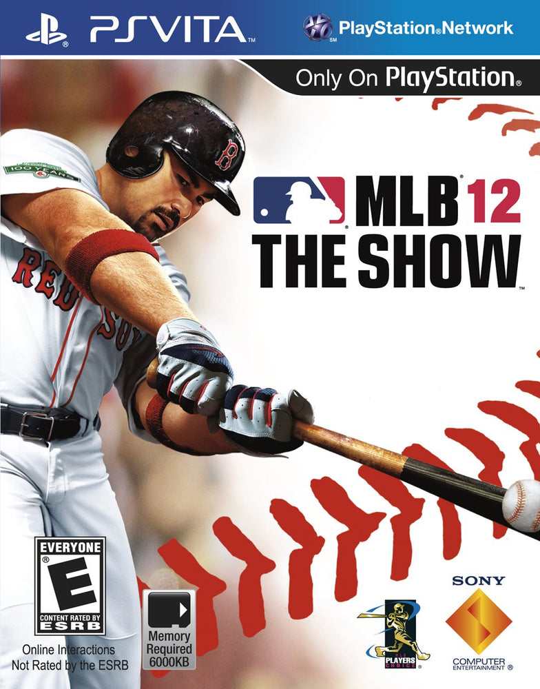 Cover of MLB The Show 12 for PS Vita by Sony. Displays a Red Sox player prepared to bat, with a red-stitched baseball-like background. Includes PlayStation Network and ESRB 'E' logos, plus official licensed product mark. Great for baseball video game fans.