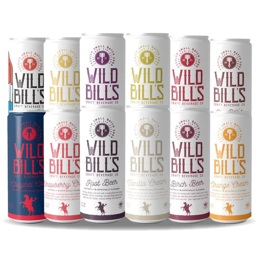 A group of eight Wild Bills cans are arranged in two rows. This veteran-owned brand offers a flavor variety sampler, including Original Strawberry, Root Beer, Vanilla Cream, Birch Beer, and Orange Cream. Each small batch soda can features distinct color schemes and the Wild Bills logo at the top.