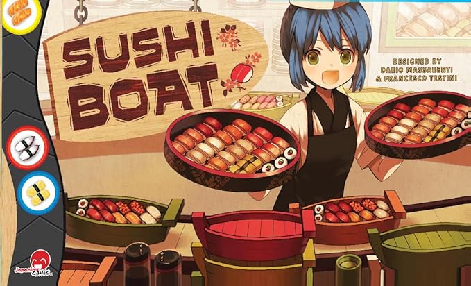 Anime-style art shows a blue-haired character at a sushi restaurant, holding platters. A wooden sign overhead reads 