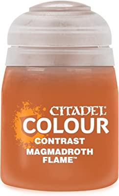 Shown is a container of Citadel Contrast - Magmadroth Flame paint. The bottle, with its transparent plastic top and burnt orange body, prominently displays the brand name 