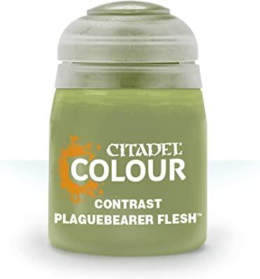 The Everything Games Citadel Contrast Plaguebearer Flesh 18ml is a pale, muted green paint in a small pot—perfect for vivid base coats and realistic shading on your miniatures.