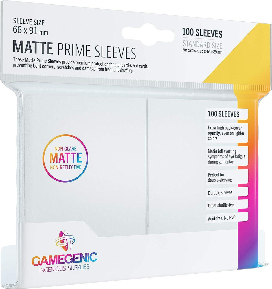 GameGenic Matte Prime Standard - White card sleeves by Game Genic offer clear packaging with ideal 66 x 91 mm sleeves for double-sleeving. Made from non-glare, acid-free, and PVC-free materials, they come in a pack of 100 with a resealable bag.