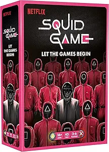 Box cover for BlueMatter Games' "Squid Game" strategy board game features masked guards in red jumpsuits with circle, square, and triangle masks. Text says "Let the Games Begin," age "16+," has "challenging mini games," plays in "45 minutes" for "3-6 players." Netflix logo is top left.