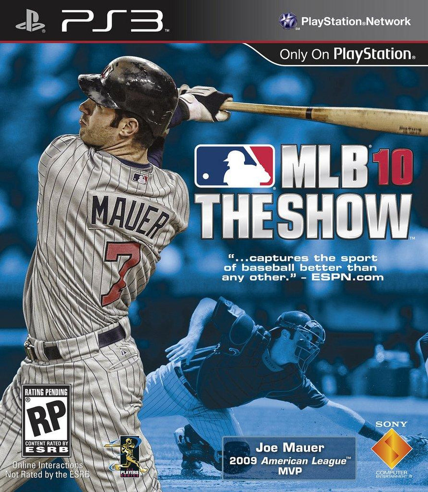 The cover of MLB The Show 10 by Sony, a PS3 baseball simulation game, features a player in stripes swinging a bat with a catcher and umpire behind him. The MLB logo and game title are prominent, plus praise quotes. Joe Mauer is highlighted as the 2009 American League MVP.