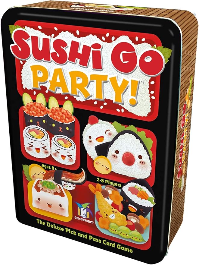 The image displays the vibrant Sushi Go Party! box, featuring playful sushi characters like rolls, rice balls, and tempura. Ideal for ages 8+, this Gamewright game accommodates 2-8 players.