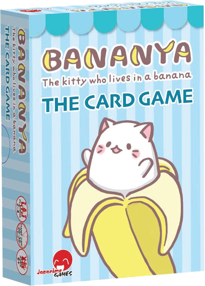 The image displays the card game "Bananya" by Japanime Games, featuring a cute cartoon kitty in a peeled banana on a light blue background with white stripes, along with logos and graphic elements.