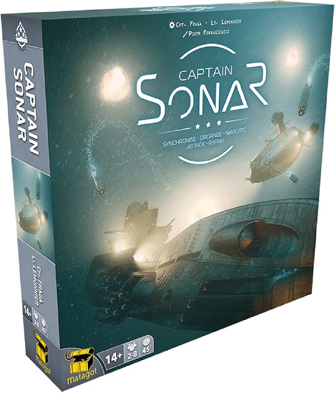 The image shows the box for "Captain Sonar," a Matagot board game of submarine warfare in a deep-sea setting with light beams filtering through the water. Ideal for ages 14+, it supports 2-8 players and lasts about 45 minutes.