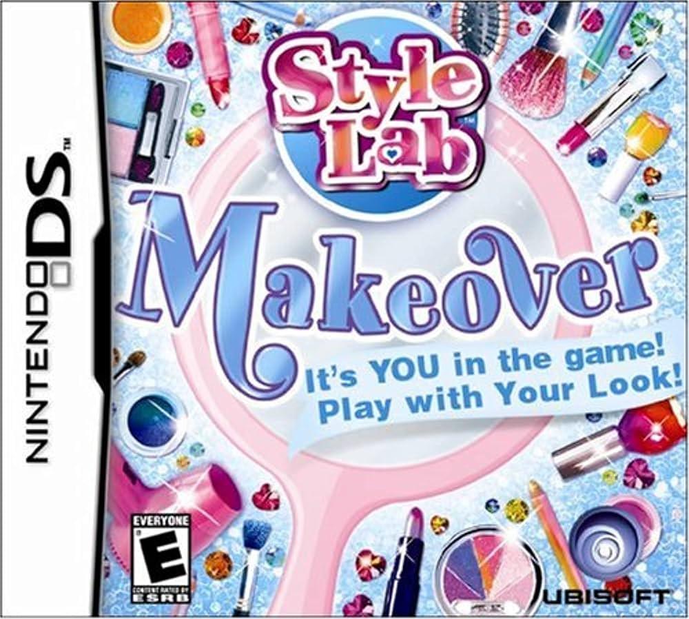 The "Style Lab Makeover" Nintendo DS cover, by Everything Games, features beauty products like lipstick and nail polish with a tagline: "It's YOU in the game! Play with Your Unique Style!" The Ubisoft logo is at the bottom right, rated E for Everyone.