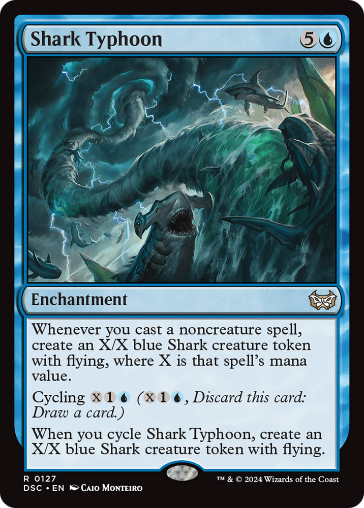 A "Shark Typhoon [Duskmourn: House of Horror Commander]" from Magic: The Gathering showcases a colossal, swirling tornado with enormous sharks swimming within the storm. The blue-bordered enchantment outlines its abilities below the artwork, which include generating flying shark creature tokens and cycling to draw a card.