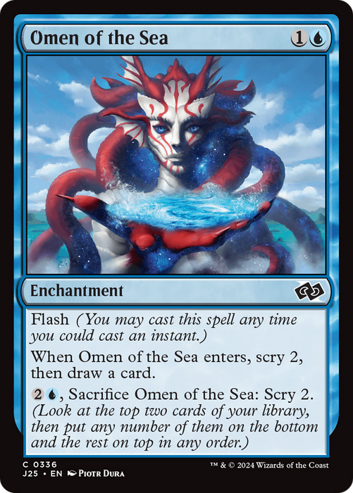 Omen of the Sea [Foundations Jumpstart]" is a captivating fantasy-themed enchantment card from Magic: The Gathering, featuring an illustration of a creature with red tentacles and blue skin. It requires one generic and one blue mana to cast and offers mystical abilities like scrying and drawing cards, allowing players to foresee their next moves.