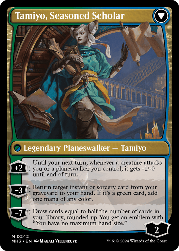 Card image of "Tamiyo, Inquisitive Student // Tamiyo, Seasoned Scholar [Modern Horizons 3]" from Magic: The Gathering. This Legendary Planeswalker stands holding scrolls and a staff, with a grandiose architectural background. The card features loyalty abilities: +2, -3, and -7, allowing creature debuffs, spell retrieval, and card drawing. Illustrated by Magali Villeneuve.