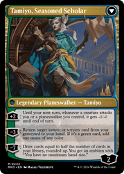 Card image of "Tamiyo, Inquisitive Student // Tamiyo, Seasoned Scholar [Modern Horizons 3]" from Magic: The Gathering. This Legendary Planeswalker stands holding scrolls and a staff, with a grandiose architectural background. The card features loyalty abilities: +2, -3, and -7, allowing creature debuffs, spell retrieval, and card drawing. Illustrated by Magali Villeneuve.