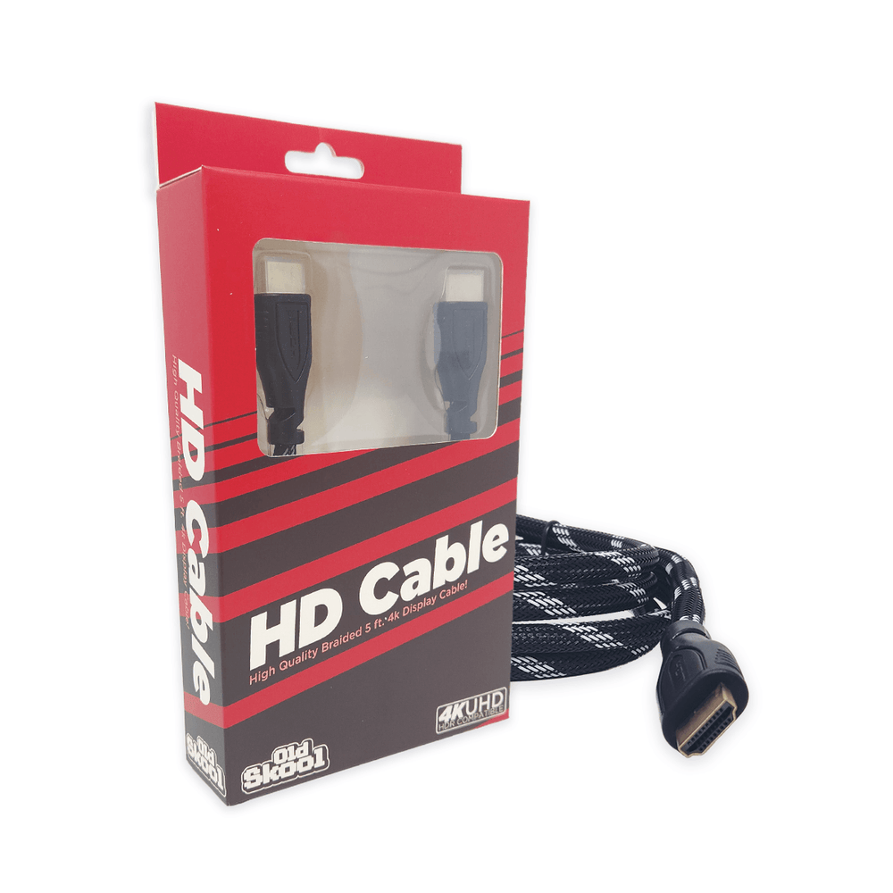 The image displays an Old Skool "4k Compatible HDMI Cable - 5 ft" in its retail packaging. The box is predominantly red, adorned with black and white stripes, and features text declaring "4K UHD HDR" and "high def display cable." A segment of the black and white braided cable with connectors is visible outside the packaging.