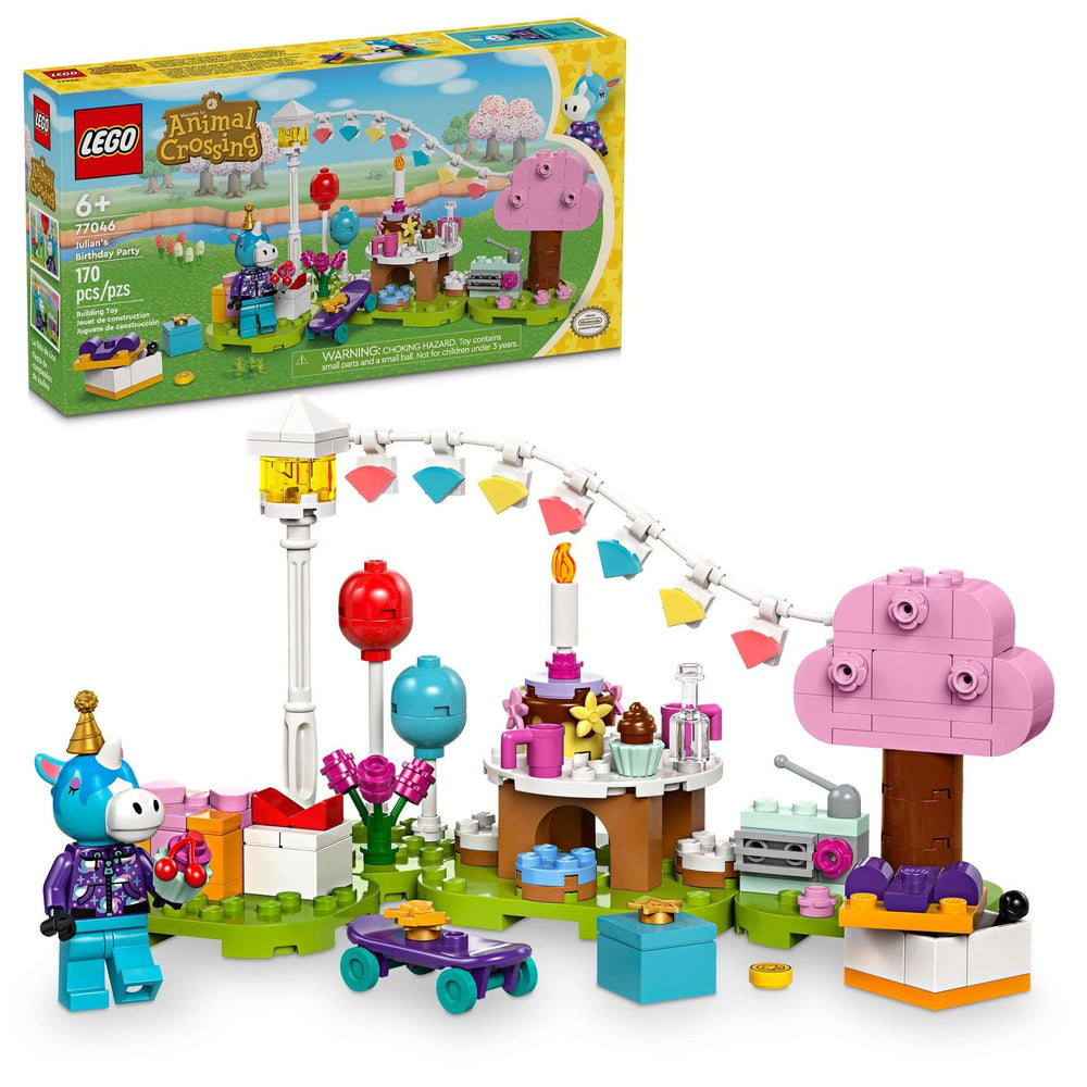 The LEGO "Julian's Birthday Party" set for ages 6+ has 170 pieces, featuring vibrant elements like a pink tree, balloon, skateboard, table with treats, and festive string lights. The packaging beautifully displays the completed setup, making it ideal for birthday fun.