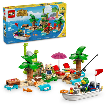 The LEGO Kapp'n's Island Boat Tour set offers an island adventure with palm trees, a sandy beach, and a character figurine. Accessories include a beach umbrella, surfboard, fishing rod, and boat. Discover the hermit crab in the vibrant island artwork on the box packaging.