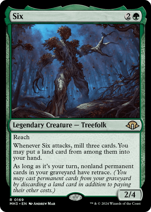 A Magic: The Gathering card from Modern Horizons 3 titled "Six [Modern Horizons 3]," is a Legendary Creature - Treefolk. Costing 2 generic and 1 green mana, it has a power/toughness of 2/4, with Reach, mills three cards on attack, and retrace for permanent nonland cards. Art by Andrew Mar.