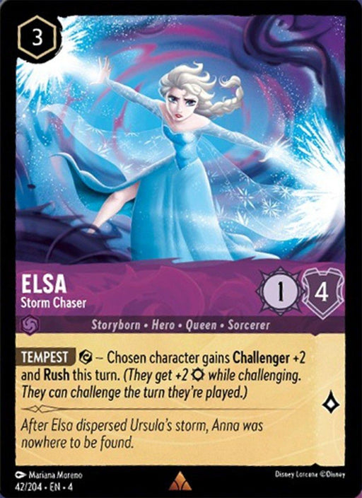 A rare Disney Lorcana trading card featuring Elsa - Storm Chaser (42/204) [Ursula's Return]. Elsa stands in a dynamic pose with her arms outstretched, summoning ice and snow. The card signifies Elsa as a Storyborn Hero, Queen, and Sorcerer. It has stats of 1 attack and 4 defense and includes the Tempest spell effect.