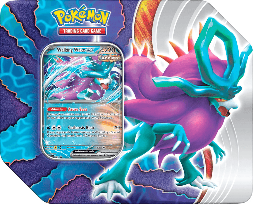 An octagonal Pokémon Paradox Clash Tin (Walking Wake EX) featuring an illustration of the dragon-like "Walking Wake," showcasing its vibrant purple and blue body, white mane, and turquoise accents. The tin includes a holographic Walking Wake ex card with its Azure Seas ability and Catharsis Roar move, plus exciting booster packs.