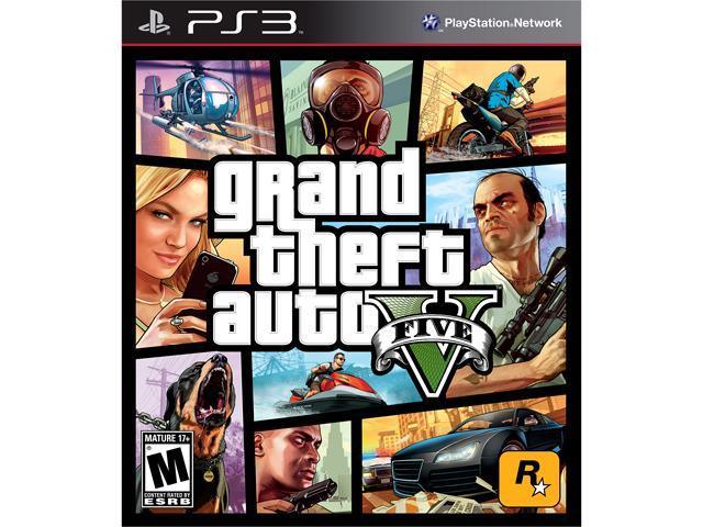 The PS3 cover art for "Grand Theft Auto V" by Rockstar features scenes with a helicopter, a person in a gas mask, and a dog. The iconic logo with "V" is centered, rated "M" by ESRB, and the Rockstar logo is in the bottom right corner.