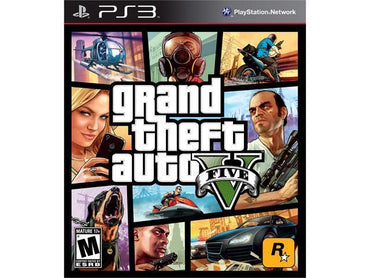 The PS3 cover art for "Grand Theft Auto V" by Rockstar features scenes with a helicopter, a person in a gas mask, and a dog. The iconic logo with "V" is centered, rated "M" by ESRB, and the Rockstar logo is in the bottom right corner.