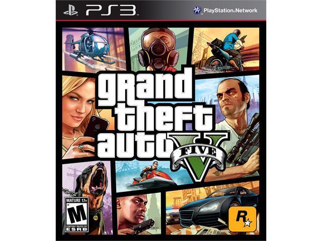 Cover image of "Grand Theft Auto V" for PlayStation 3. The artwork vividly showcases various characters and scenes from this open-world action-adventure, with the game's title prominently displayed in the center. A "Mature 17+" rating label and the Rockstar logo are also visible at the bottom.
