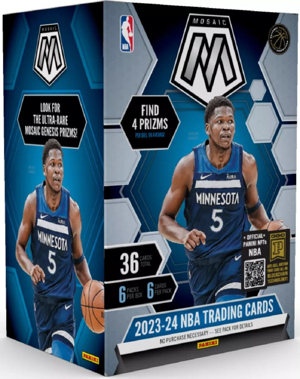 The 2023/24 Panini Mosaic Basketball 6-Pack Blaster Box features NBA trading cards, showcasing a player in a Minnesota jersey. This retail-exclusive package boasts 