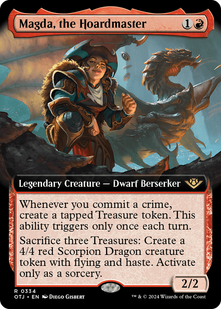 Magda, the Hoardmaster (Extended Art) [Outlaws of Thunder Junction] Magic: The Gathering card features an armored dwarf holding a torch, standing beside a dragon. Text details her abilities, such as creating Treasure tokens and summoning a Scorpion Dragon creature. The card has a red border and proudly displays the 