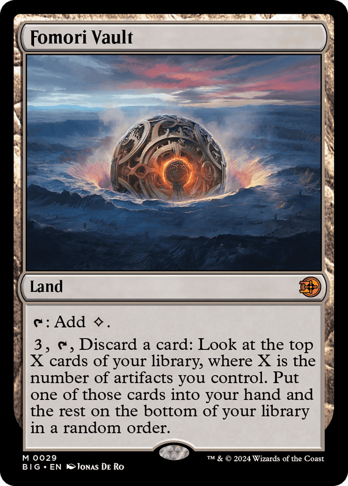 A Mythic Land card from the "Outlaws of Thunder Junction: The Big Score" set, "Fomori Vault [Outlaws of Thunder Junction: The Big Score]" showcases Jonas De Ro's artwork of a rugged terrain featuring a floating, spherical vault with glowing lines. This land card adds colorless mana and manipulates the top cards of your library based on artifact count.