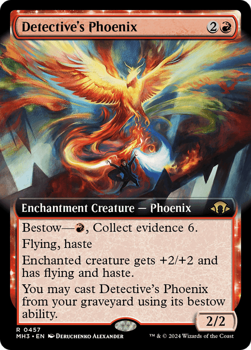 Detective's Phoenix (Extended Art) [Modern Horizons 3]," a card from Magic: The Gathering, depicts a fiery phoenix soaring against a dramatic sky, wings outstretched. With a red mana cost of 2R, it boasts "Bestow," "Flying," and "Haste," along with the ability to enhance enchanted creatures.