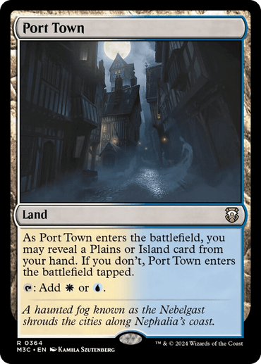 The image depicts a card from Magic: The Gathering's Modern Horizons 3 Commander set. The card is called "Port Town (Ripple Foil) [Modern Horizons 3 Commander]" and features artwork of a foggy, dimly lit medieval town with tall, narrow buildings. The card text explains its mechanics and abilities and includes the flavor text: "A haunted fog known as the Nebelgast shrouds the cities along Nephalia's coast.