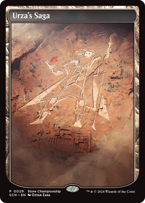 A Magic: The Gathering card titled "Urza's Saga (Store Championship) [Bloomburrow Promos]" is depicted. The card art showcases an ancient, painted mural on a rock wall. The mural features a robed figure holding a staff and floating above the ground. As an Enchantment Land, it's bordered in black with text at the bottom identifying set and artist.