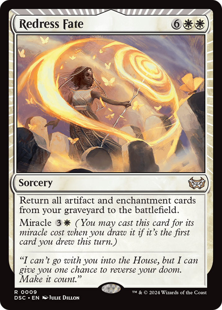 Redress Fate from the Duskmourn: House of Horror Commander set for Magic: The Gathering is a rare card featuring art of a woman casting a glowing spell amidst luminous, ethereal swirls. The game text explains its effect: returning all artifact and enchantment cards from your graveyard to the battlefield. Its miracle cost is 3W.