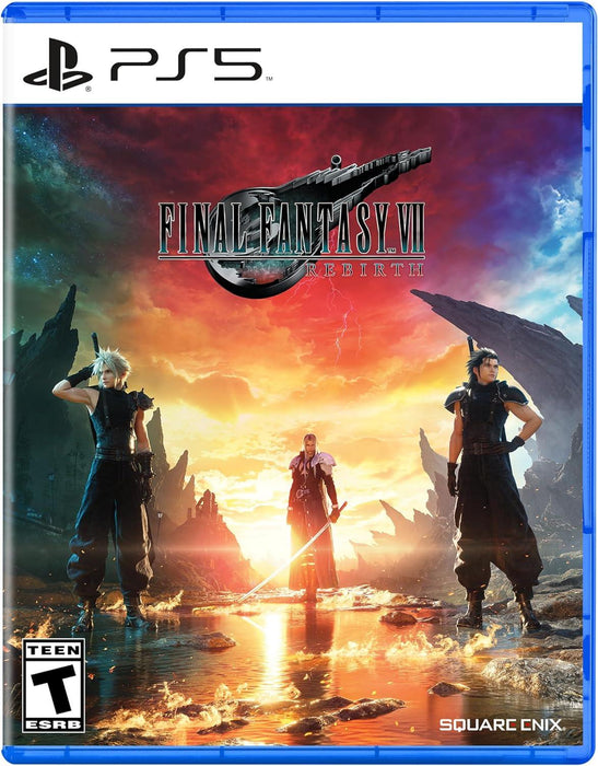 Cover of Final Fantasy VII Rebirth - PlayStation 5 by Everything Games. Three characters, gripping swords, stand on rocky terrain against a dramatic, glowing sky. The game's logo and title appear at the top center. The ESRB rating is Teen and the Square Enix logo is at the bottom, capturing the essence of this iconic RPG genre game.
