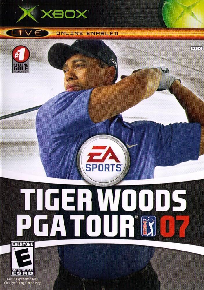 Cover of "Tiger Woods PGA Tour 07" for Xbox from Everything Games features a golfer in a blue shirt using the True-Swing mechanic. The EA Sports logo and game's title are displayed, with "#1 Selling Golf" badge, Xbox Live, and rating details included.