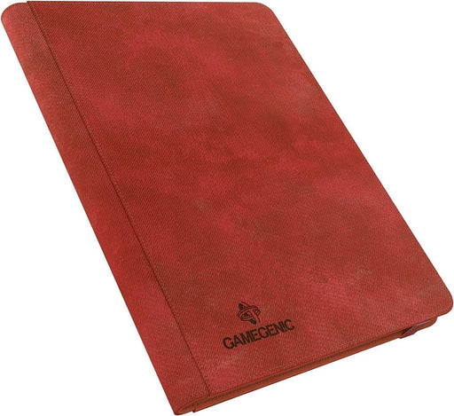 A closed, red card binder with a textured finish. Perfect for collectible cards, the front cover features the Game Genic logo in the bottom right corner. This Zip-Up Album 18-Pocket: Red binder has rounded corners for a sleek look.