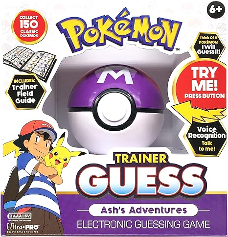 Box for "Pokémon Trainer Guess - Ash Adventures" by Zanzoon features a Master Ball with voice recognition for budding Pokémon experts, includes a Kanto trainer field guide, text: "Think of a Pokémon; I will guess it!" and "Try Me! Press Button." Suitable for ages 6+.