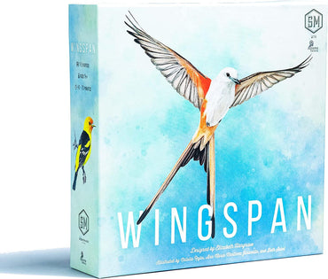 The box cover of Stonemaier Games' "Wingspan" features a detailed Scissor-tailed Flycatcher on a light blue gradient with a smaller Eurasian Golden Oriole, highlighting the engine-building strategy game. The title and designer info are also included.