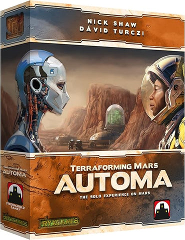 The "Terraforming Mars: Automa" box cover by Stronghold Games features a futuristic robot and astronaut on Mars. Designed by Nick Shaw and Dávid Turczi, it offers Solo Play Enhancement with logos in the bottom corners.