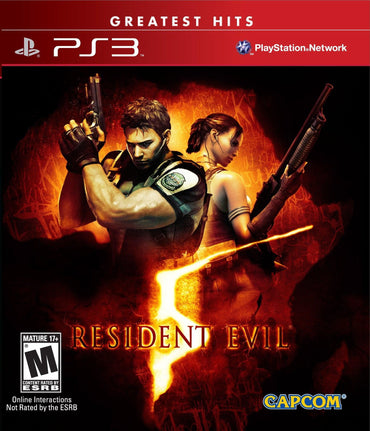 The "Resident Evil 5" PS3 cover, by Everything Games, displays a man and woman back-to-back with guns amid a fiery scene. A "Greatest Hits" banner tops it, the Capcom logo graces the bottom right, and it's rated Mature 17+, emphasizing its cooperative survival horror gameplay.