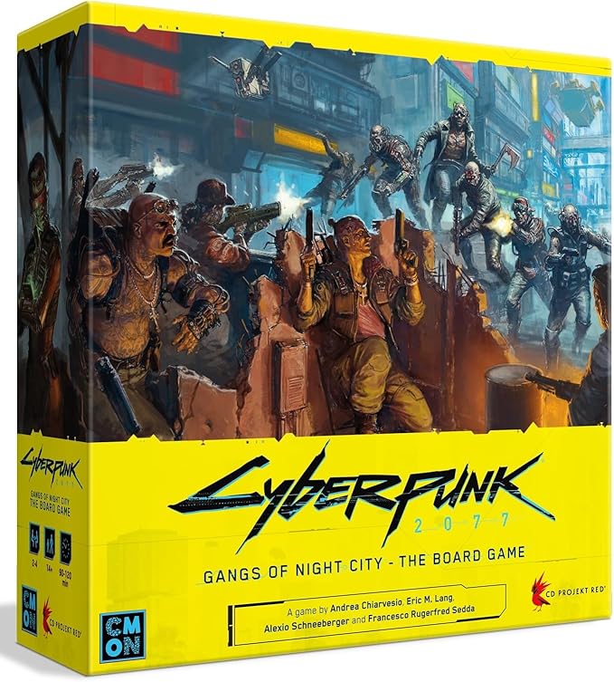 The image shows the box cover of "Cyberpunk 2077: Gangs of Night City" by CMON Global, featuring futuristic characters with weapons in a neon-lit urban scene. The title is highlighted in vibrant yellow and blue amidst the captivating illustration.